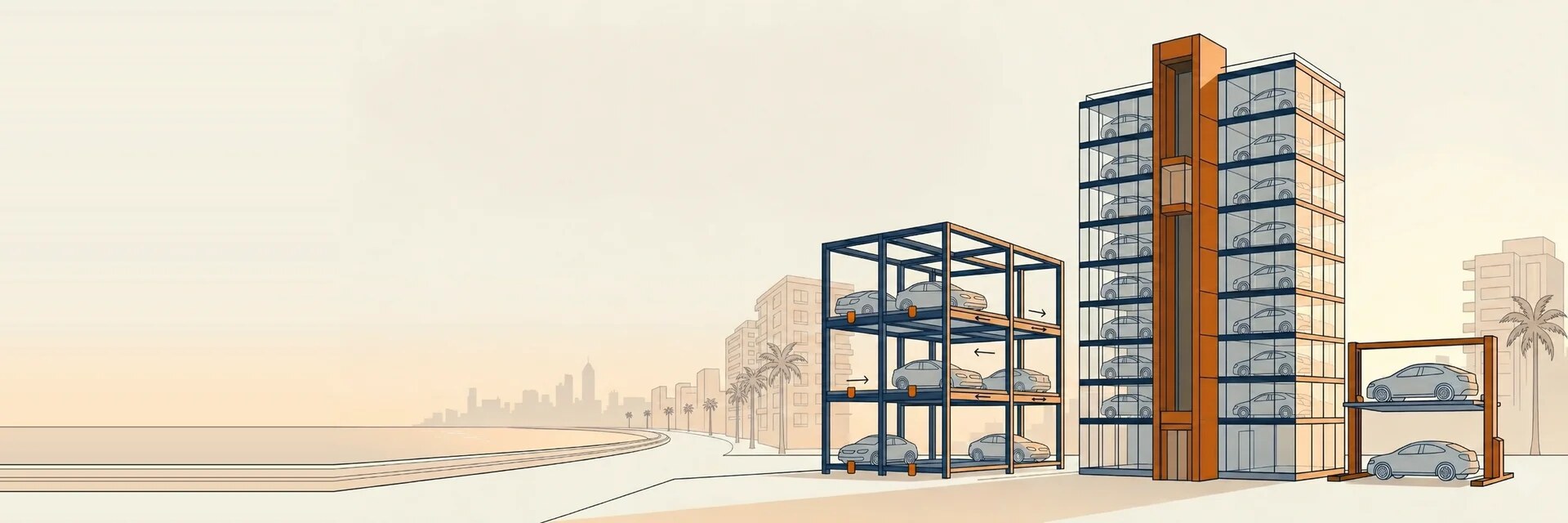 Three Parkgrid automated parking systems — Tower, Puzzle, and Hydraulic Stacker — set in a Mumbai cityscape with Marine Drive curve at golden hour, illustrated in editorial style