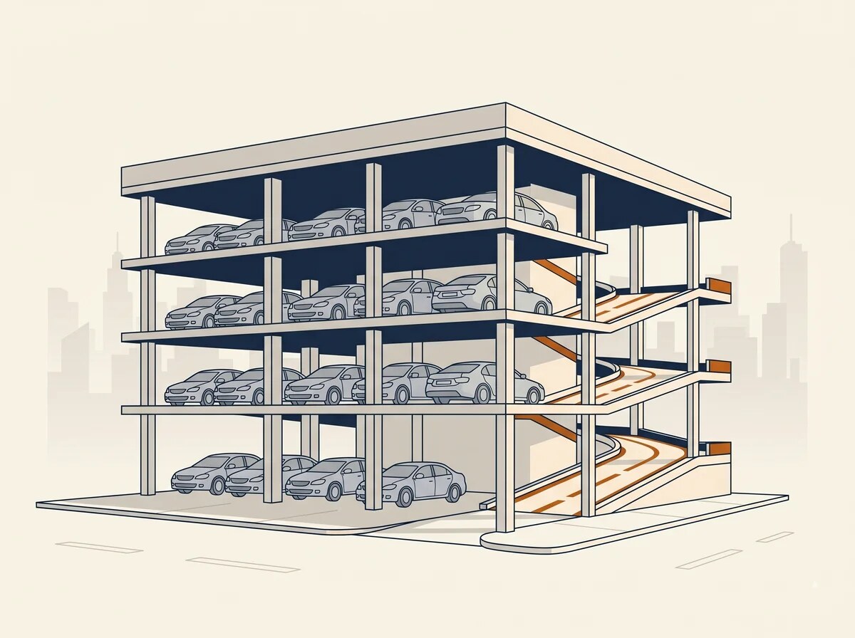 Parkgrid Multi-Level Car Park — four-storey concrete and steel structure with vehicle ramp and multiple cars on each floor, illustrated in editorial style