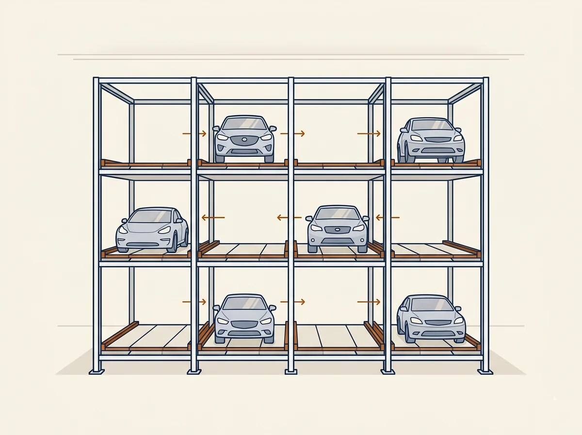 Parkgrid Puzzle Parking System — modular grid of parking cells with cars and slide-shuffle mechanism, illustrated in editorial style