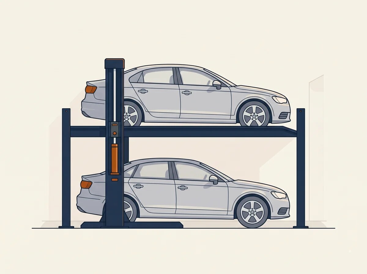 Parkgrid Hydraulic Stacker — two-level hydraulic platform with one car parked above and one underneath, illustrated in editorial style