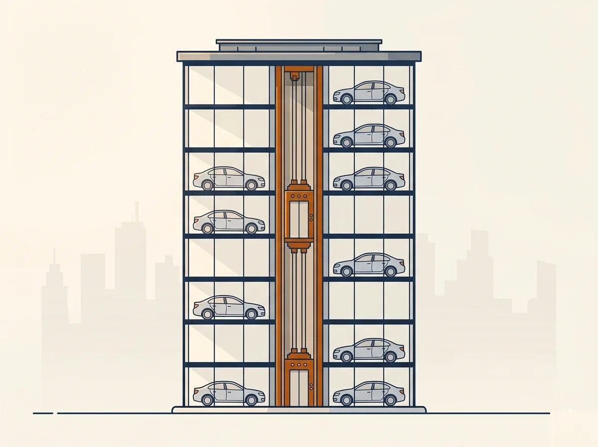 Parkgrid Tower Parking System — slim glass-and-steel automated tower with cars stacked on multiple floors and a central elevator shaft, illustrated in editorial style