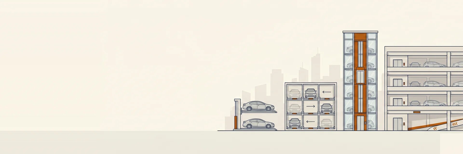 Parkgrid's four parking systems lined up at relative scale — Hydraulic Stacker, Puzzle, Tower, and Multi-Level Car Park, illustrated in editorial style